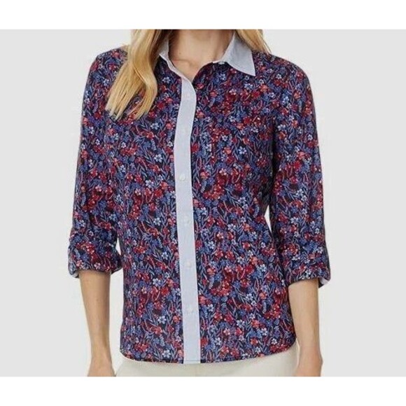 Tommy Hilfiger Women's Cotton Floral Roll-Tab Button Down Shirt Multicolor XS - Picture 1 of 8